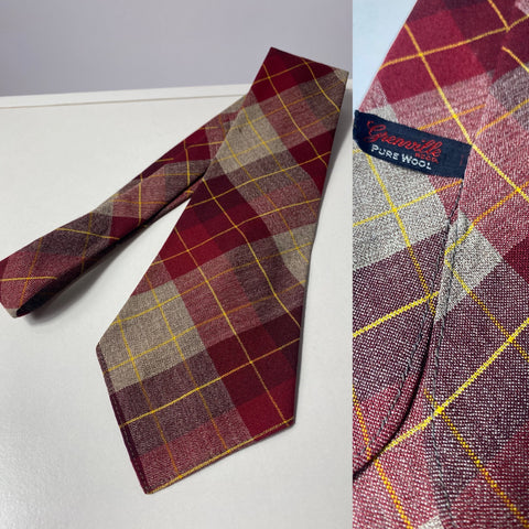1940s tie Grenville pure wool in red fawn and yellow plaid. No lining, open ends with short blade at 120cm long 10cm wide. No damage.