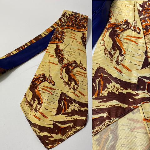 1940s US Swing tie in a stunning hand painted design in print of men fishing with mountain background. No lining, open backs and short blade at 120cm long 11cm wide. No damage.