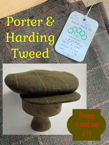 Froggy five dart cap in Porter & Harding box check tweed in green red and yellow. Fully lined in gold military satin twill. Wide crown at 10.5” to fit a size 57cm