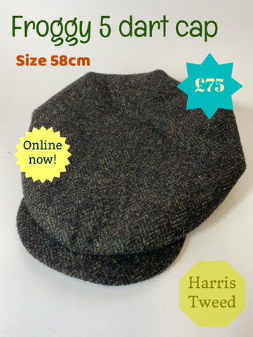 Our 1930s pattern reproduction cap - The Froggy five dart cap in charcoal, green and brown flecked herringbone Harris Tweed. Wide crown at 10.5” and fully lined and quilted in olive green military satin twill. Size 58cm.