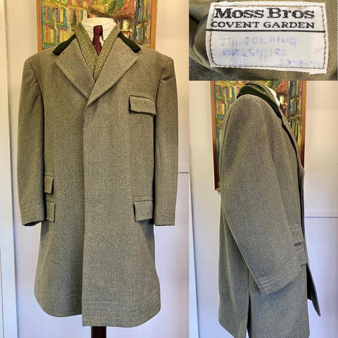Vintage Moss Bros custom made coat light green worsted wool cloth with darker green felt collar, single breasted with 3 button closure. Excellent condition 52” chest