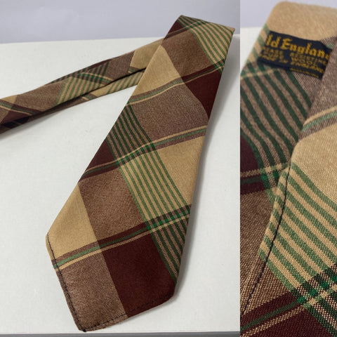 1940s tie Old England label pure wool in cream brown and teal plaid pattern. No lining and open backs with short blade at 119cm long and 9cm wide. No damage.