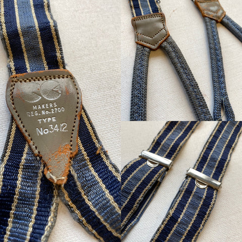 Original 1940s CC41 utility braces in blue and white stripe with braid ends