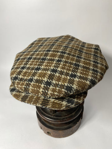 Our Froggy five dart cap from original 40s cloth in brown, black and fawn box check.wide fit at 10.5” crown. Fully lined in brown cotton twill. Size 59cm.