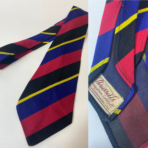 1940s/50s club/school tie, striped wool. No lining with Open backs and short blade at 120cm long 9cm wide. No damage.