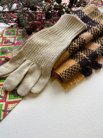 Vintage scarf and gloves as set 1950s fawn gloves and mustard and brown plaid scarf wool.