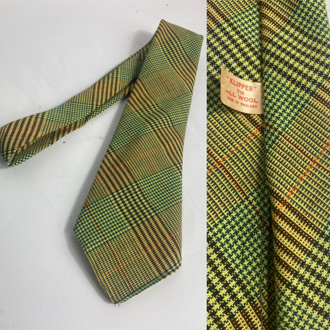 1940s Klipper tie all wool, plaid pattern in Dijon mustard with green, brown and orange. No lining and open backs with short blade at 123cm long and 9cm wide. No damage.