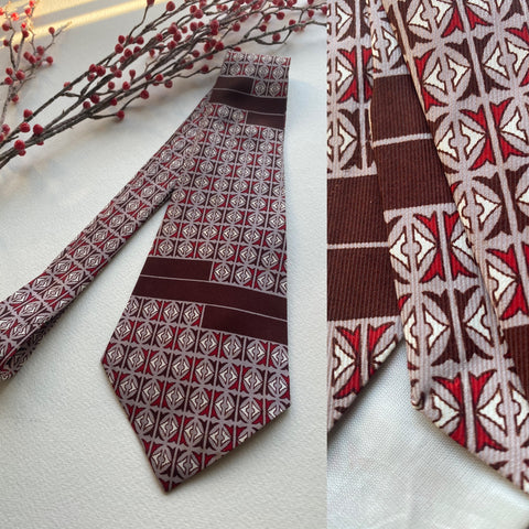Vintage US swing tie in brown, red, mauve and white block abstract pattern, silk