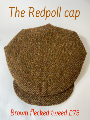 Froggy five dart cap The Redpoll. In a chocolate brown flecked tweed with red and teal. Wide crown at 10.5” fully lined in brown cotton twill. Size 58cm