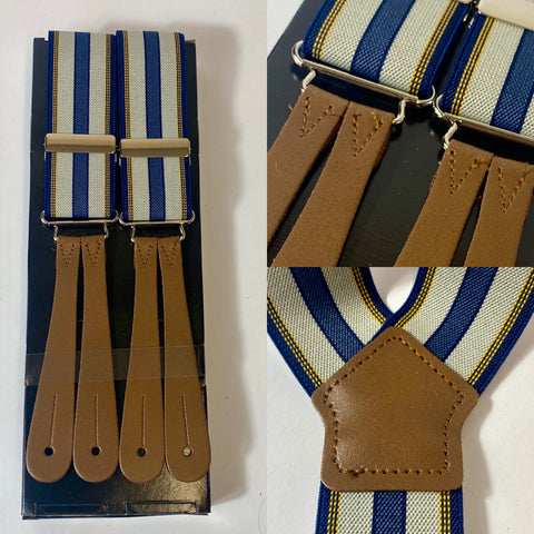 1940s pattern braces, UK bench made Y back leather ends in thick brown tan hide with silver clasps. Elastic in blue, yellow and white  stripes.  Fully adjustable to as long as 44” but designed for high waisted trousers.