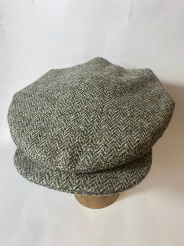 Froggy 5 dart 1930s pattern cap in light grey herringbone Harris tweed, 11” wide crown and fully lined in black military satin twill. Size 60cm