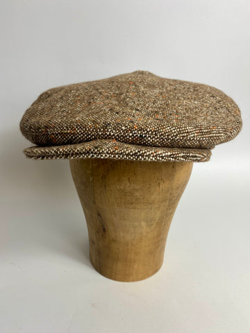 Cap, Froggy 3 dart cap, 1940s  pattern . handmade from original template. 11” wide crown in a light brown pure wool tweed with orange, white and black flecks. Fully lined in a military satin twill in rust brown. Size 59cm
