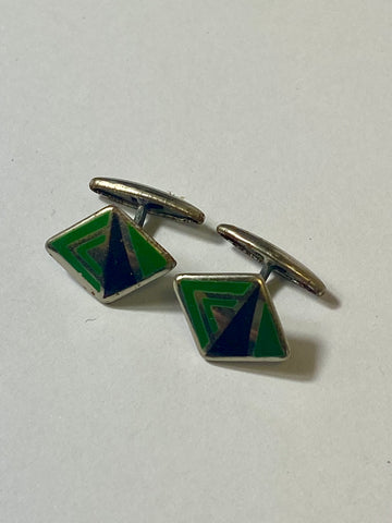 Art Deco cufflinks, enamel on gold metal, green, black with gold on square facing with bar link not chain. Deadstock never used.