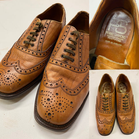 Vintage light tan leather Oxford brogue shoes with wingtip pattern, Penn & Simmons Northamptonshire made size 8 1/2