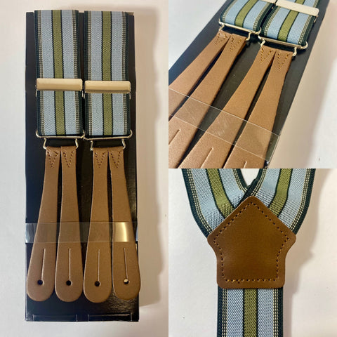 1940s pattern braces, UK bench made Y back leather ends in thick brown tan hide with silver clasps. Elastic in Sky blue, bottle green stripes.  Fully adjustable to as long as 44” but designed for high waisted trousers.