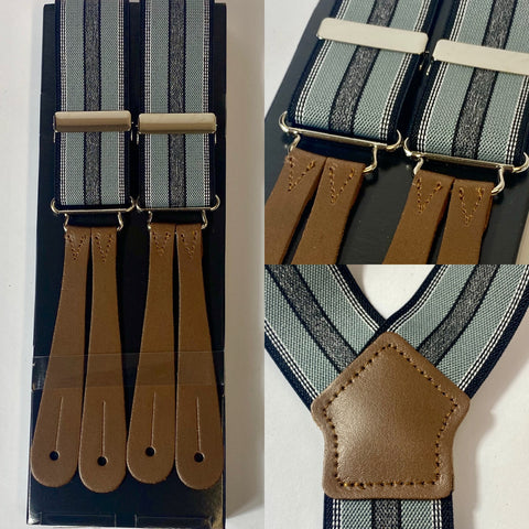 1940s pattern braces, UK bench made Y back leather ends in thick brown tan hide with silver clasps. Elastic in black, grey and white stripes.  Fully adjustable to as long as 44” but designed for high waisted trousers.