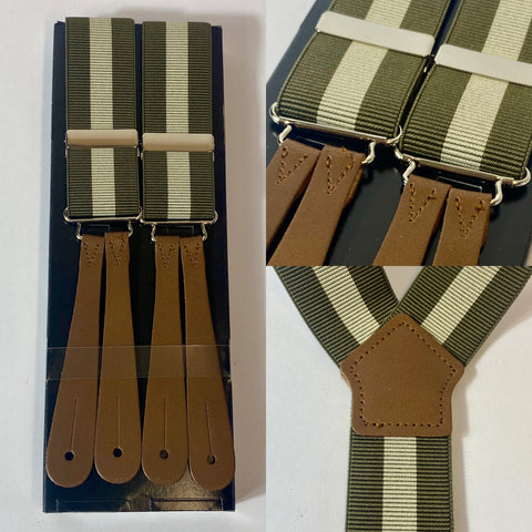 1940s pattern braces, UK bench made Y back leather ends in thick brown tan hide with silver clasps. Elastic in green with cream stripes.  Fully adjustable to as long as 44” but designed for high waisted trousers.
