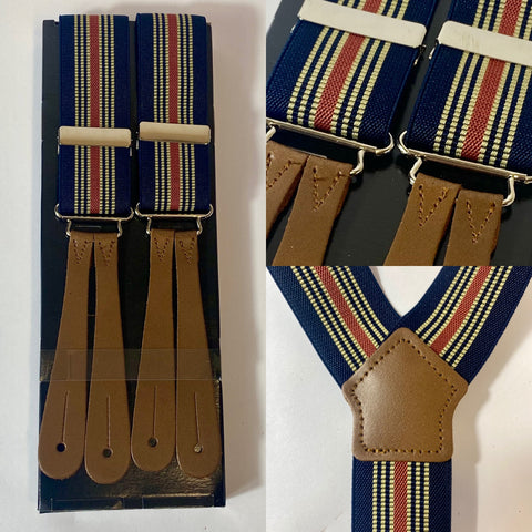 1940s pattern braces, UK bench made Y back leather ends in thick brown tan hide with silver clasps. Elastic in navy blue, red and white stripes.  Fully adjustable to as long as 44” but designed for high waisted trousers.