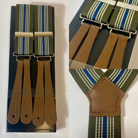 1940s pattern braces, UK bench made Y back leather ends in thick brown tan hide with silver clasps. Elastic in green, blue and white stripes.  Fully adjustable to as long as 44” but designed for high waisted trousers.