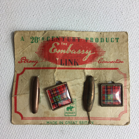 1930s cufflinks deadstock on original card. Plaid tartan design square