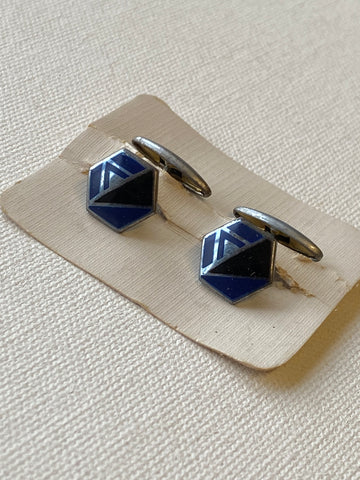 1930s Deco enamel cufflinks blue, black and silver metal. Unworn.