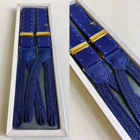 Deadstock boxed braces braid end blue white spots gold clasps 44” length 25mm width