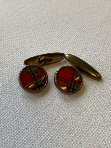 1930s plaid red pattern cufflinks in brass/metal